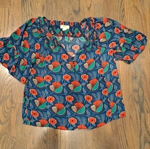 Anthropologie Maeve Blouse with Red and Teal Design